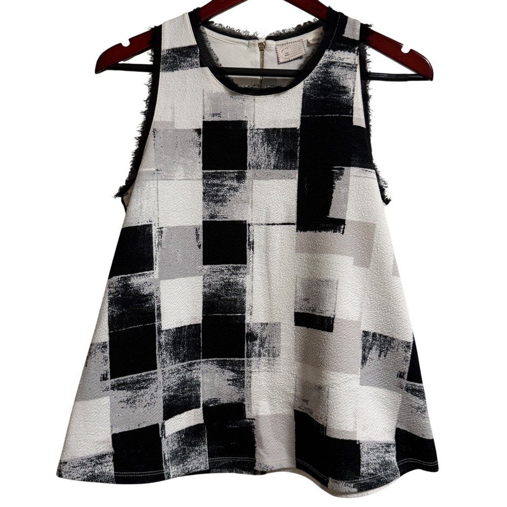 Postmark Anthropologie‎ Black White Geometric Fringe Sleeveless Shell Top Small